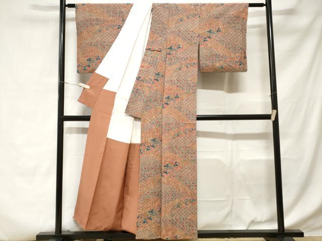 平和屋着物■上質な紬 切嵌更紗花文 正絹 逸品 CABD3761ev