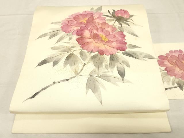 平和屋着物●塩瀬 九寸名古屋帯 手描き 草花文 金彩 正絹 逸品 CABD4035dy