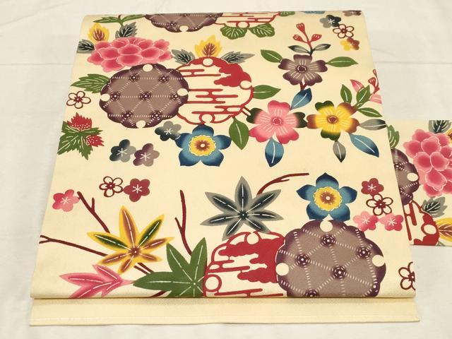 平和屋着物●全通柄九寸名古屋帯 本場琉球紅型 雪輪草花文 正絹 逸品 CABD4053dy