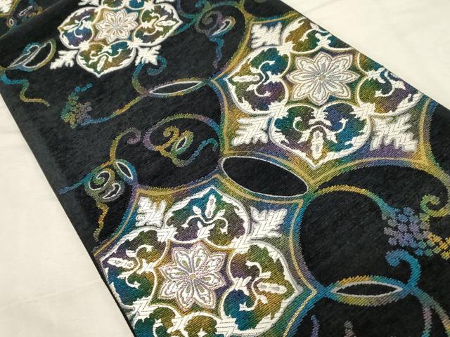 平和屋着物●六通柄袋帯 唐織 モール 葡萄蔦の葉花文 黒地 金糸 正絹 逸品 未使用 CABD4060dy