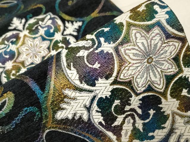 平和屋着物●六通柄袋帯 唐織 モール 葡萄蔦の葉花文 黒地 金糸 正絹 逸品 未使用 CABD4060dy