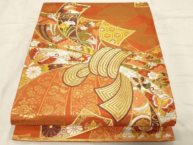 平和屋着物●西陣 河合美術織物謹製 六通柄袋帯 唐織 束ね熨斗花鳥文 金糸 長尺 正絹 逸品 CABD4062dy