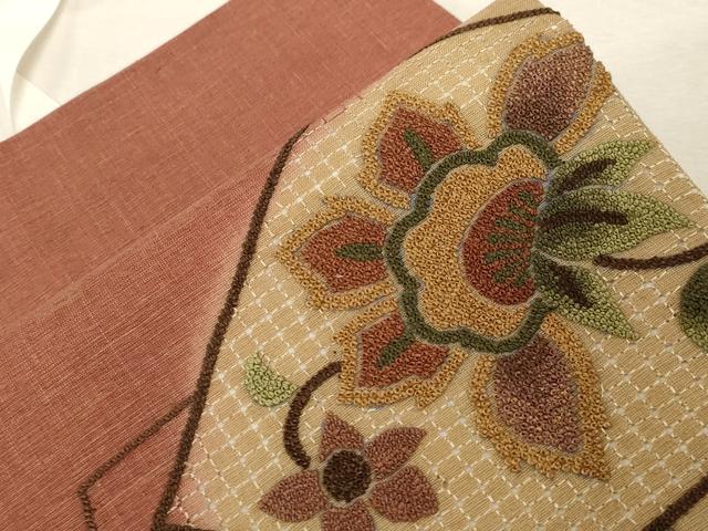 平和屋着物●中国三大刺繍 スワトウ刺繍 相良刺繍 総刺繍 つけ帯 更紗花唐草文 正絹 逸品 未使用 CABD4089dy