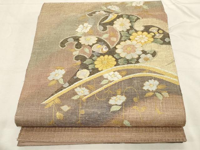 平和屋着物▽太鼓柄袋帯 スリーシーズン 春夏秋 すくい織 立波草花文 金銀糸 正絹 逸品 CABD4135dy