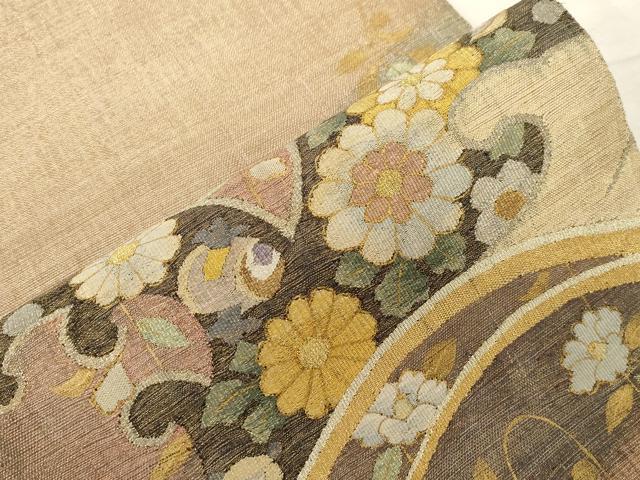平和屋着物▽太鼓柄袋帯 スリーシーズン 春夏秋 すくい織 立波草花文 金銀糸 正絹 逸品 CABD4135dy