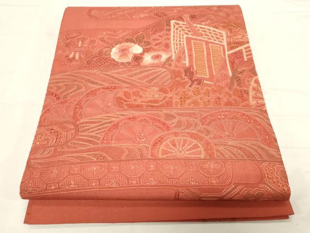 平和屋着物●中国三大刺繍 スワトウ刺繍 相良刺繍 総刺繍 太鼓柄袋帯 紬地 片輪車花文 正絹 逸品 CABD4147dy