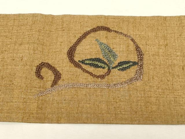 平和屋着物●九寸名古屋帯 紬地 総刺繍 草花文 金糸 正絹 逸品 未使用 CABD4176dy