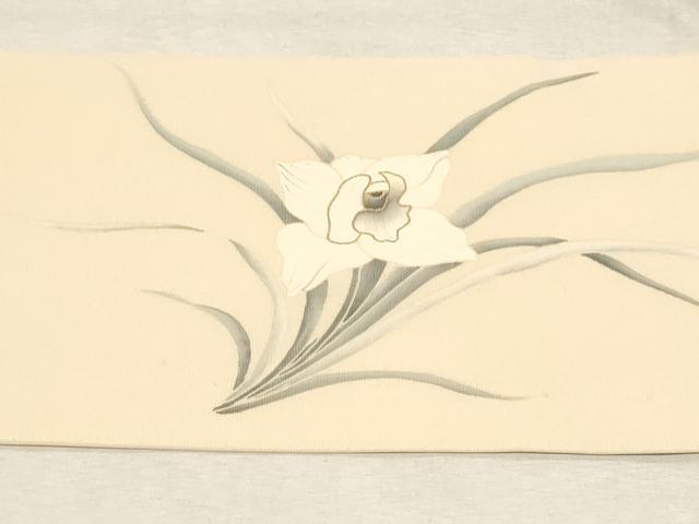 平和屋着物●塩瀬 九寸名古屋帯 手描き カトレア 金彩 正絹 逸品 CABD4185dy