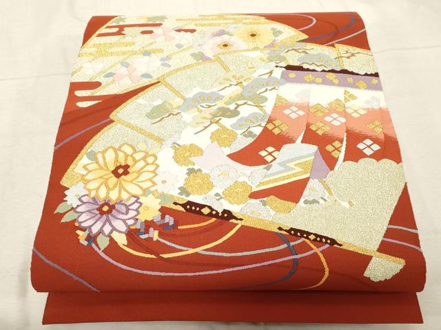 平和屋着物●爪掻き本綴れ 八寸名古屋帯 扇面草花文 金銀糸 正絹 逸品 未使用 CABD4188dy