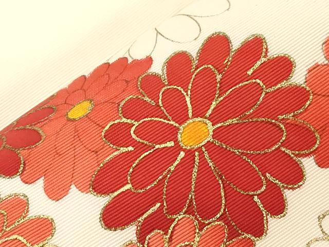 平和屋着物●塩瀬 九寸名古屋帯 手描き 駒刺繍 草花文 金彩 正絹 逸品 CABD4189dy