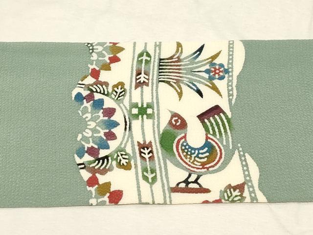 平和屋着物●塩瀬 九寸名古屋帯 型染め 花鳥文 鬼しぼ縮緬 正絹 逸品 CABD4194dy