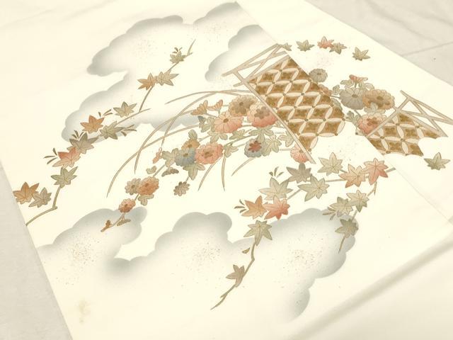平和屋着物●塩瀬 九寸名古屋帯 雲取り草花文 金彩 正絹 逸品 CABD4195dy