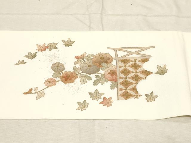 平和屋着物●塩瀬 九寸名古屋帯 雲取り草花文 金彩 正絹 逸品 CABD4195dy