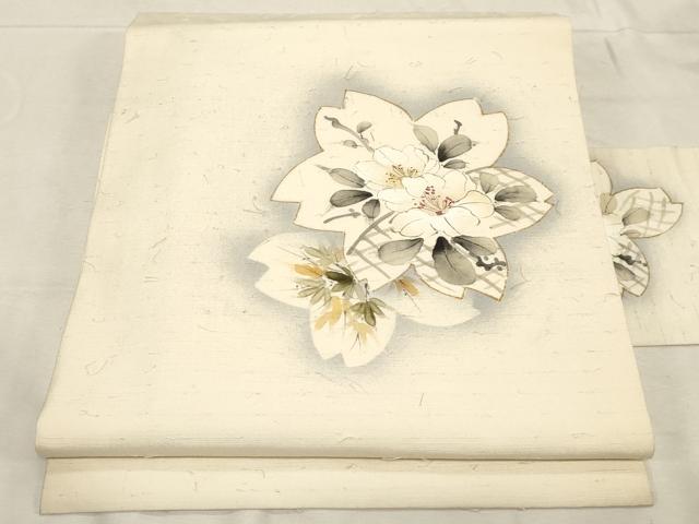 平和屋着物●九寸名古屋帯 作家物 手描き 髭紬 籬草花文 金彩 正絹 逸品 CABD4218dy