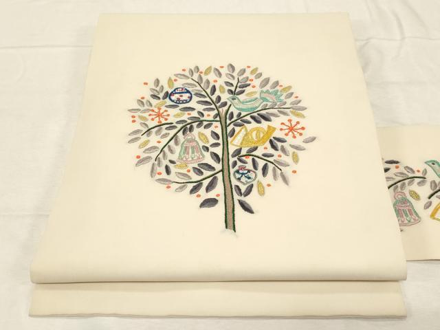 平和屋着物●九寸名古屋帯 総刺繍 枝葉鳥文 正絹 逸品 CABD4219dy