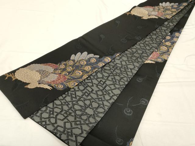平和屋着物●こむさでもーど・COMME CA DU MODE 半幅帯 唐織 孔雀文 黒地 正絹 逸品 CABD4232dy
