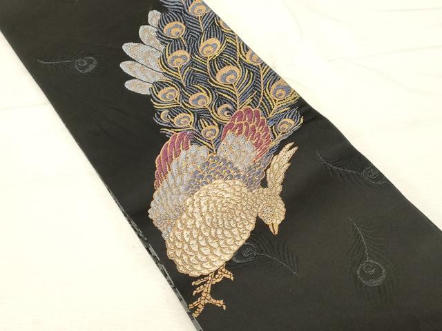 平和屋着物●こむさでもーど・COMME CA DU MODE 半幅帯 唐織 孔雀文 黒地 正絹 逸品 CABD4232dy