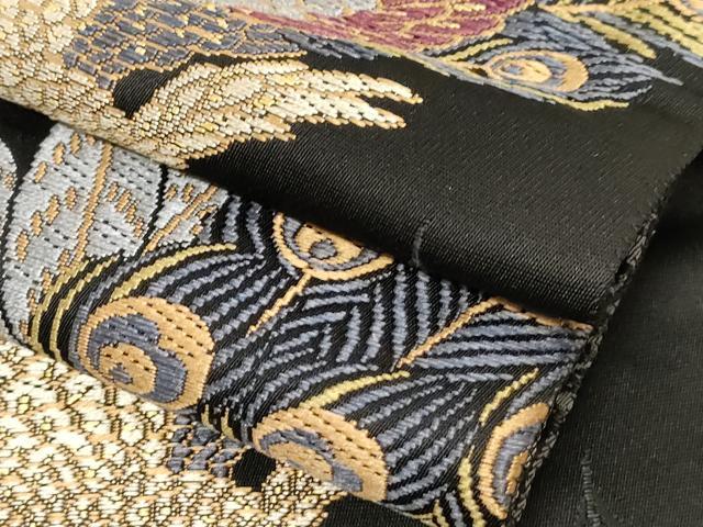 平和屋着物●こむさでもーど・COMME CA DU MODE 半幅帯 唐織 孔雀文 黒地 正絹 逸品 CABD4232dy
