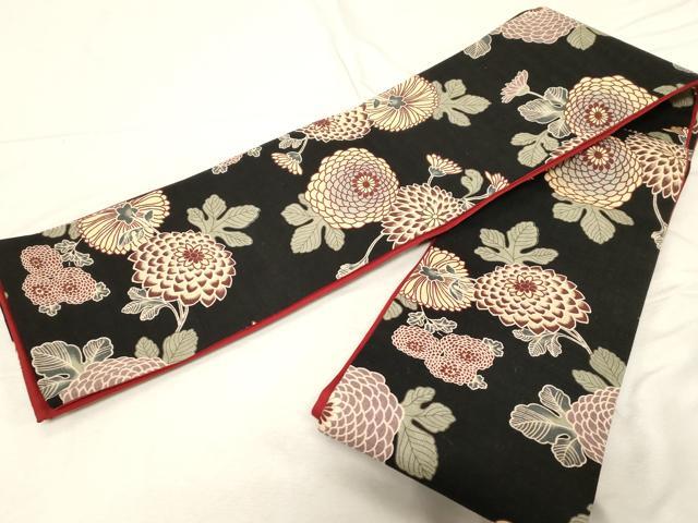 平和屋着物●半幅帯 型染め 菊 黒地 綿 逸品 CABD4235dy