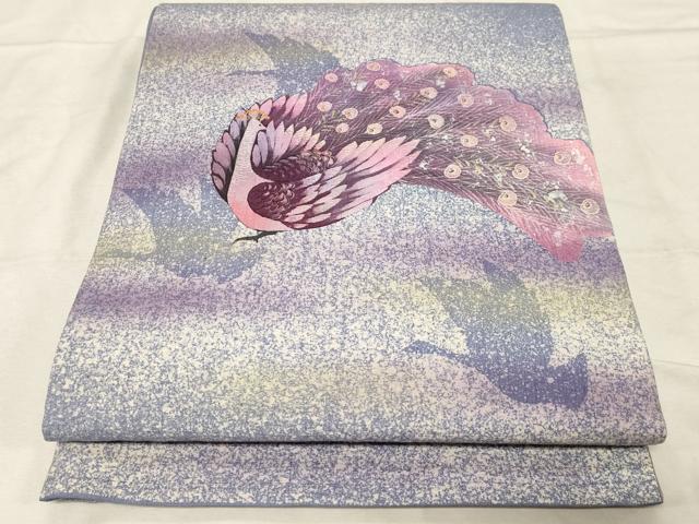 平和屋着物●太鼓柄袋帯 手描き 紬地 刺繍 孔雀文 金彩 正絹 逸品 CABD4256dy