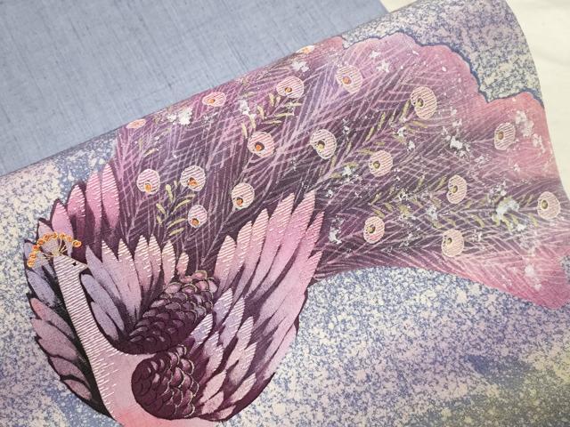 平和屋着物●太鼓柄袋帯 手描き 紬地 刺繍 孔雀文 金彩 正絹 逸品 CABD4256dy