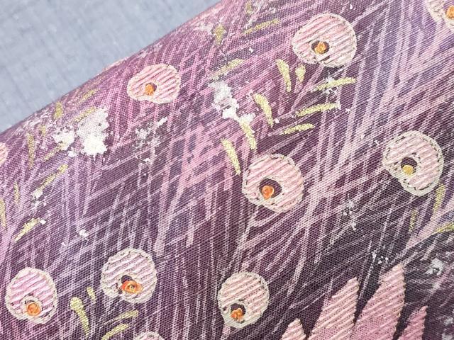平和屋着物●太鼓柄袋帯 手描き 紬地 刺繍 孔雀文 金彩 正絹 逸品 CABD4256dy