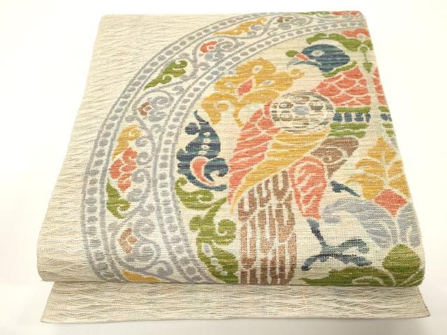 平和屋着物▽太鼓柄袋帯 スリーシーズン 春夏秋 櫛織 花鳥丸文 金糸 正絹 逸品 CABD4277dy