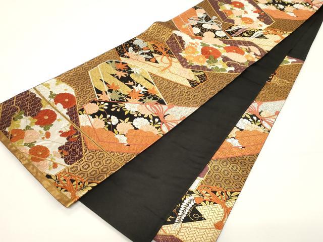 平和屋着物●西陣 河合美術織物謹製 六通柄袋帯 唐織 文箱花文 黒地 金糸 正絹 逸品 CABD4298dy