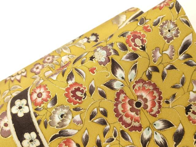 平和屋着物●塩瀬 つけ帯 更紗花文 金彩 正絹 逸品 未使用 CABD4302dy
