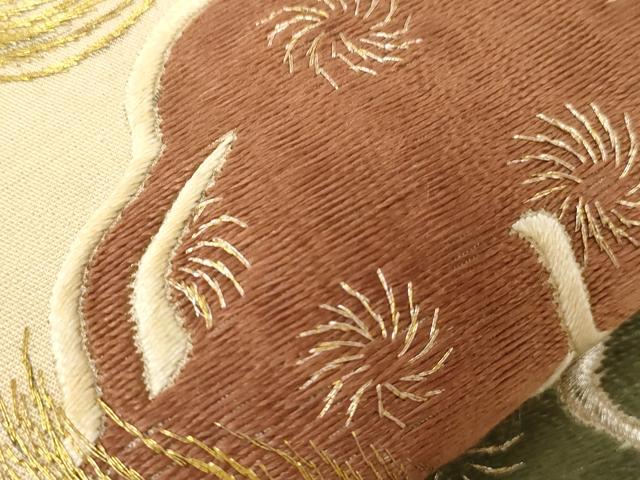 平和屋着物●アンティーク 大正ロマン 九寸名古屋帯 総刺繍 唐獅子 金銀糸 正絹 逸品 CABD4357dy