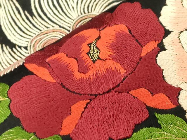 平和屋着物●アンティーク 大正ロマン 九寸名古屋帯 作家物 総手刺繍 草花 唐獅子 黒地 金糸 正絹 逸品 CABD4365dy