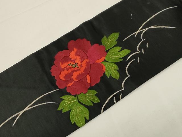 平和屋着物●アンティーク 大正ロマン 九寸名古屋帯 作家物 総手刺繍 草花 唐獅子 黒地 金糸 正絹 逸品 CABD4365dy