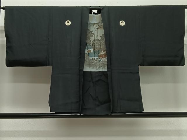 平和屋着物∞男性 羽織 黒紋付 羽裏:風景文 正絹 逸品 CABD4424ua
