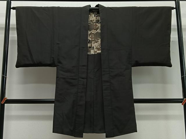 平和屋着物∞男性 長羽織 お召地 黒地 羽裏:風景文 正絹 逸品 CABD4430ua