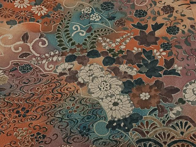 平和屋着物∞道行コート 草花文 たたき染め 正絹 逸品 CABD4433ua