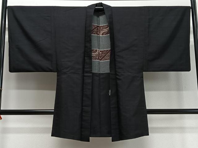 平和屋着物∞男性 長羽織 紬地 黒地 正絹 逸品 CABD4544ua
