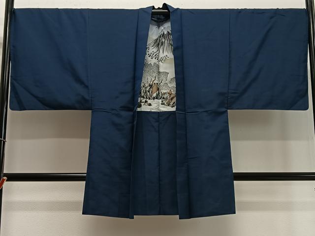 平和屋着物∞男性 長羽織 紬地 紺青色 正絹 逸品 CABD4560ua