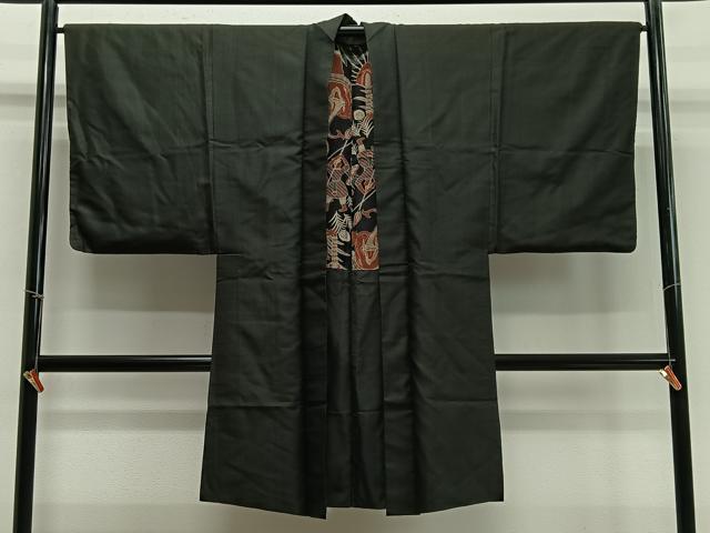 平和屋着物∞男性 長羽織 紬地 人物文 羽裏:象 正絹 逸品 CABD4567ua