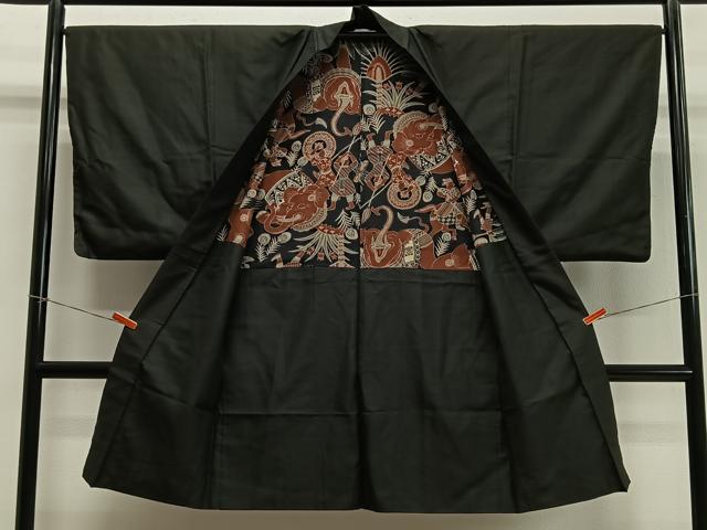 平和屋着物∞男性 長羽織 紬地 人物文 羽裏:象 正絹 逸品 CABD4567ua