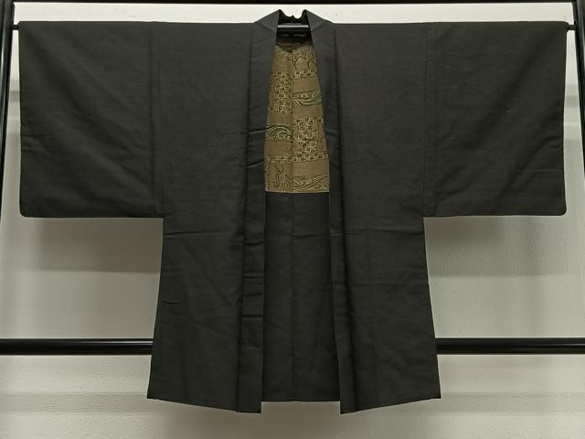 平和屋着物∞男性 長羽織 紬地 黒色 正絹 逸品 CABD4571ua