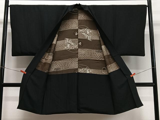 平和屋着物∞男性 長羽織 紬地 黒地 正絹 逸品 CABD4590ua