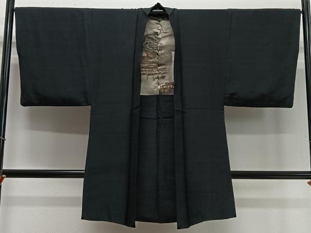 平和屋着物∞男性 長羽織 紬地 黒地 正絹 逸品 CABD4592ua