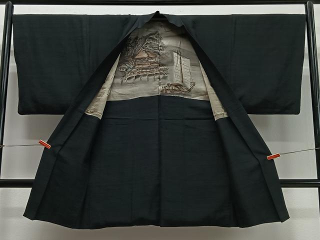 平和屋着物∞男性 長羽織 紬地 黒地 正絹 逸品 CABD4592ua