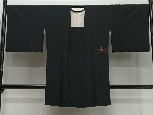 平和屋着物∞道行コート 総刺繍 乱菊 黒地 ロング丈 正絹 逸品 CABD4599ua