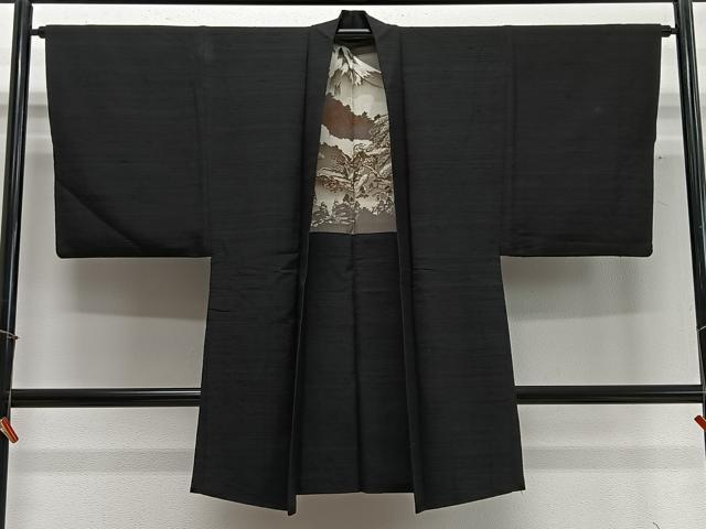 平和屋着物∞男性 長羽織 紬地 黒地 正絹 逸品 CABD4648ua