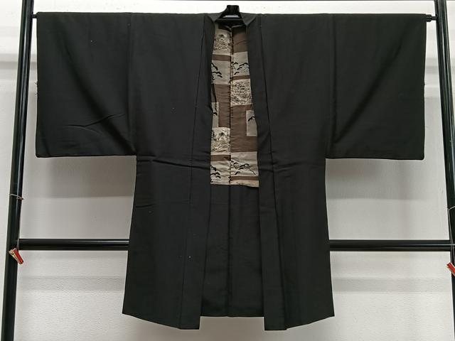 平和屋着物∞男性 長羽織 紬地 黒地 正絹 逸品 CABD4659ua