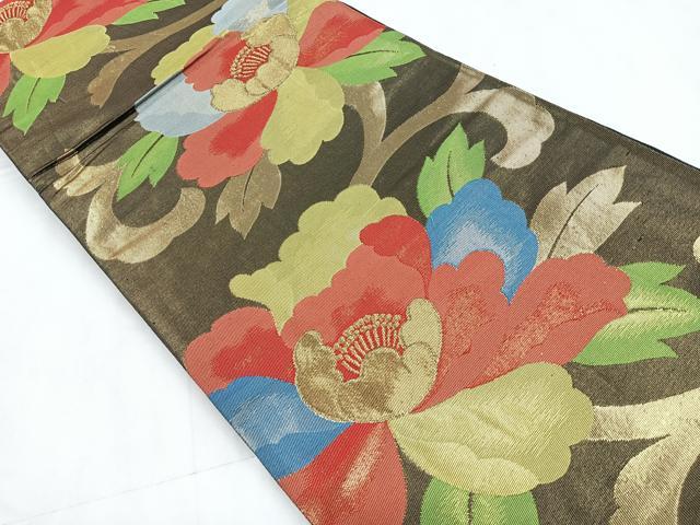 平和屋着物◎六通柄袋帯 更紗花文 黒地 金糸 正絹 逸品 CABD4805nb
