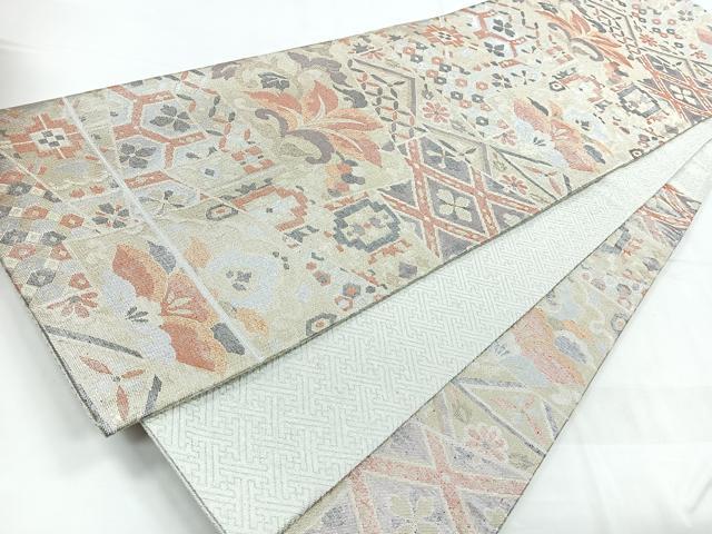 平和屋着物◎佐賀錦 六通柄袋帯 更紗花文 銀糸 正絹 逸品 CABD4842nb