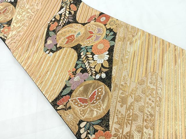 平和屋着物◎六通柄袋帯 唐織 花蝶文 黒地 金糸 正絹 逸品 CABD4852nb