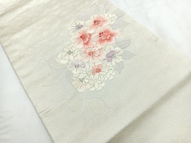 平和屋着物◎九寸名古屋帯 刺繍 草花文 銀糸 正絹 逸品 CABD4856nb